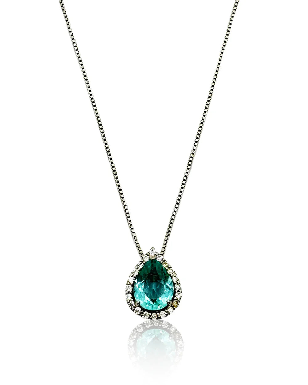 Necklace with a teardrop-shaped Sky Fusion Topaz pendant and a pavé setting.