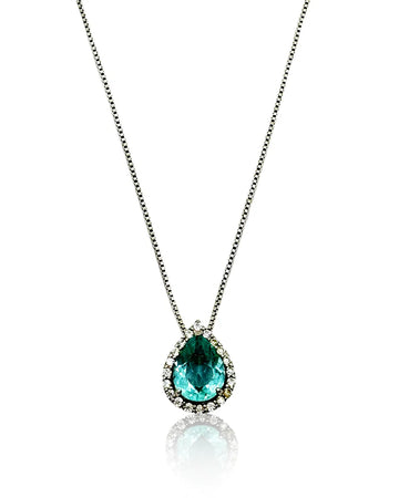 Necklace with a teardrop-shaped Sky Fusion Topaz pendant and a pavé setting.