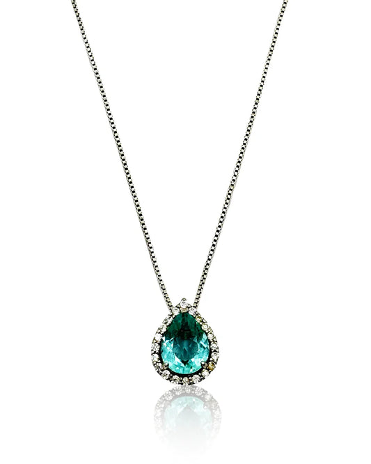 Necklace with a teardrop-shaped Sky Fusion Topaz pendant and a pavé setting.