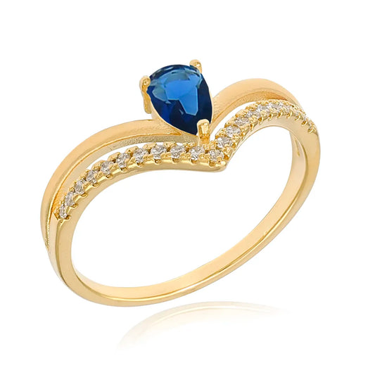 Double-strand ring with teardrop and V-shaped detail, 18k gold plated.
