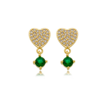 Heart-shaped earring with emerald green rhinestone, 18k gold plated.