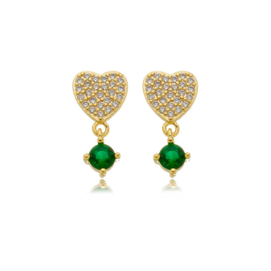 Heart-shaped earring with emerald green rhinestone, 18k gold plated.